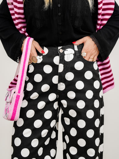 Plus/Reg Polka Dot High Waist Wide Leg Pants - Freckled Poppy