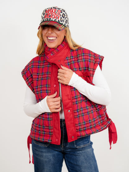Quilted Plaid Fleece Snap Button Vest