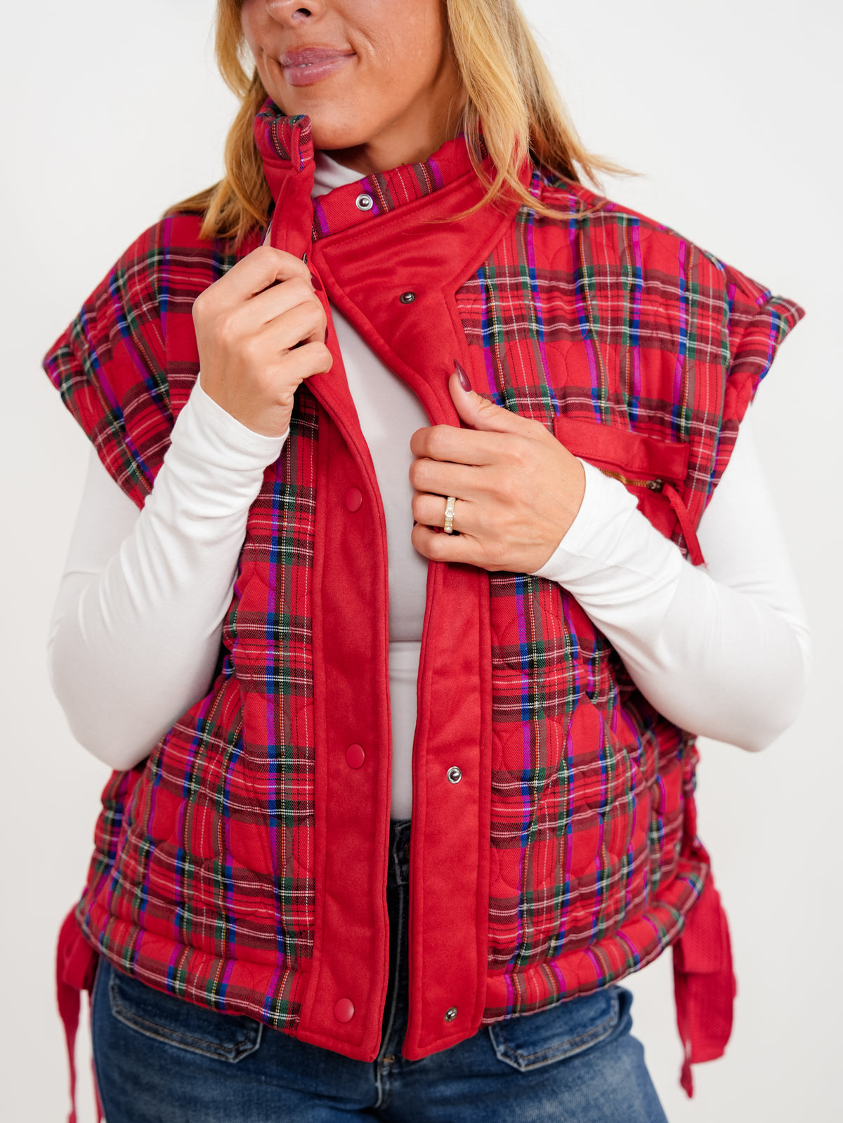 Quilted Plaid Fleece Snap Button Vest
