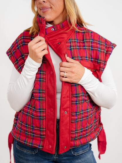Quilted Plaid Fleece Snap Button Vest
