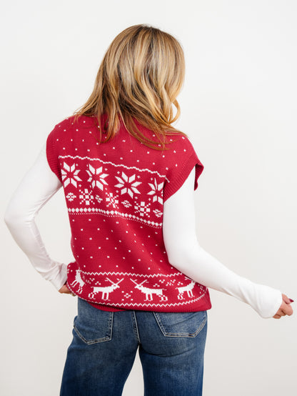 Reindeer Faire Isle Print Holiday Sleeveless Sweater Vest