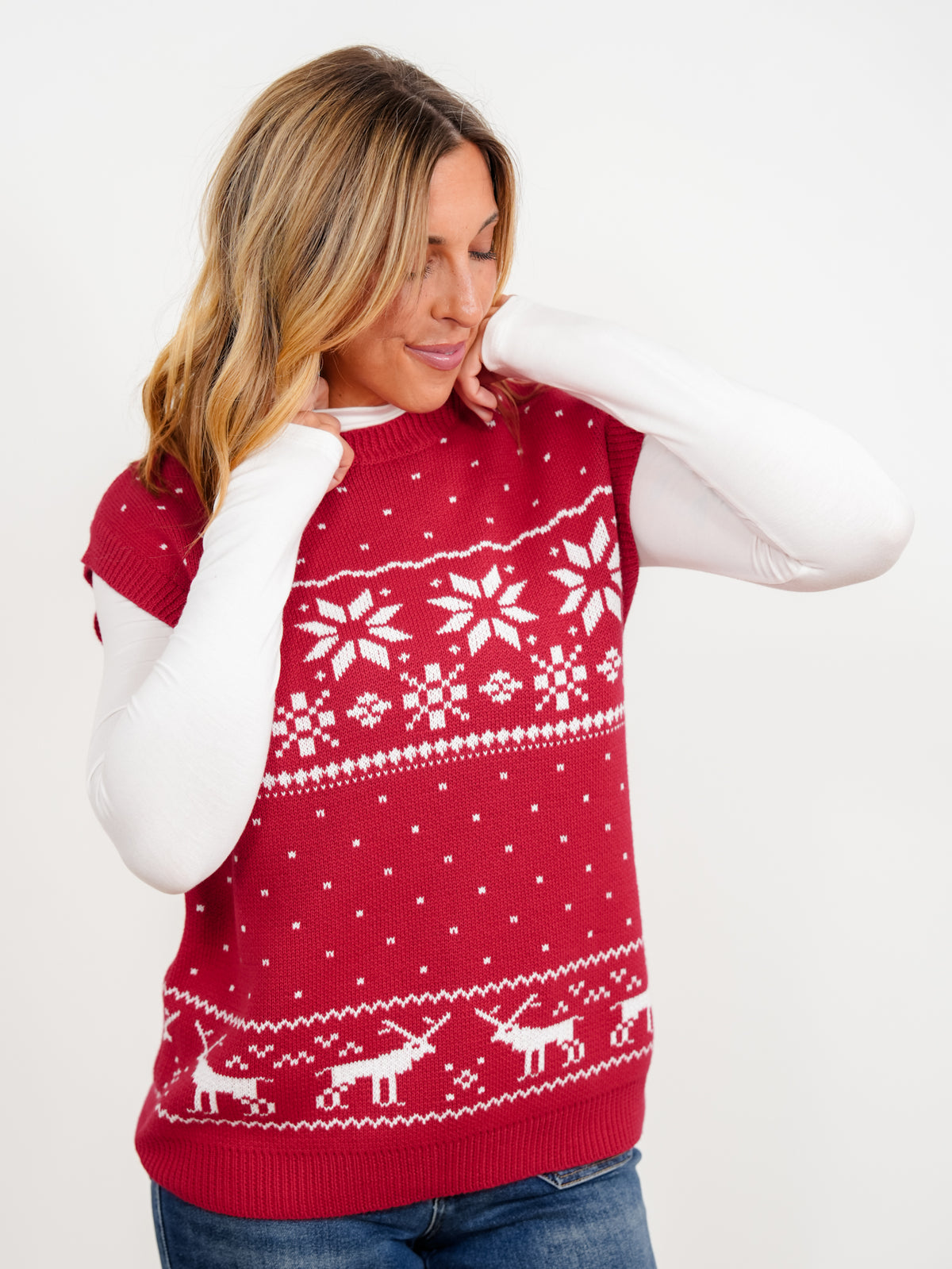 Reindeer Faire Isle Print Holiday Sleeveless Sweater Vest