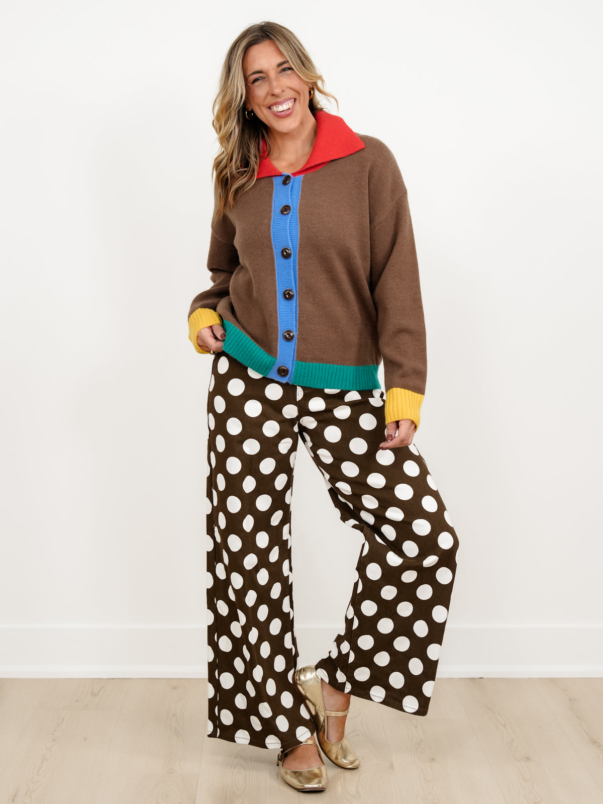 Color Block Long Sleeve Collared Button Down Cardigan - Freckled Poppy