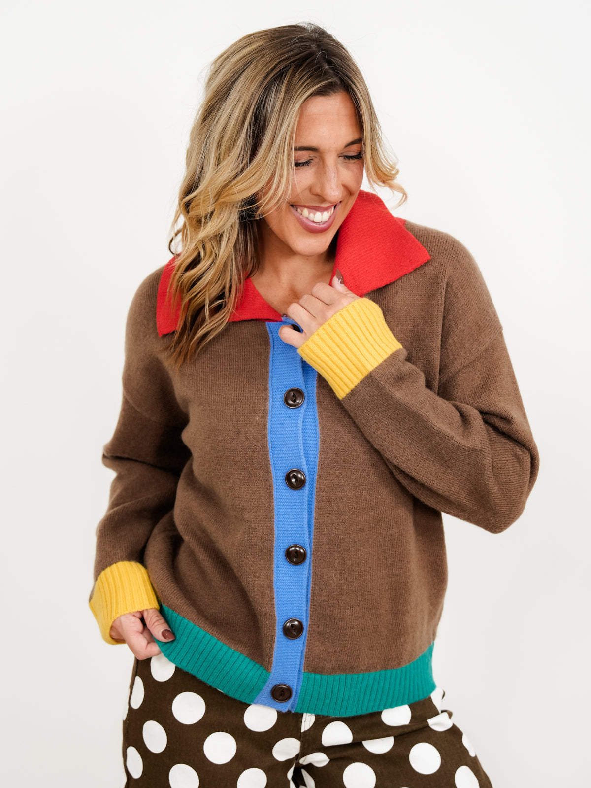 Color Block Long Sleeve Collared Button Down Cardigan - Freckled Poppy