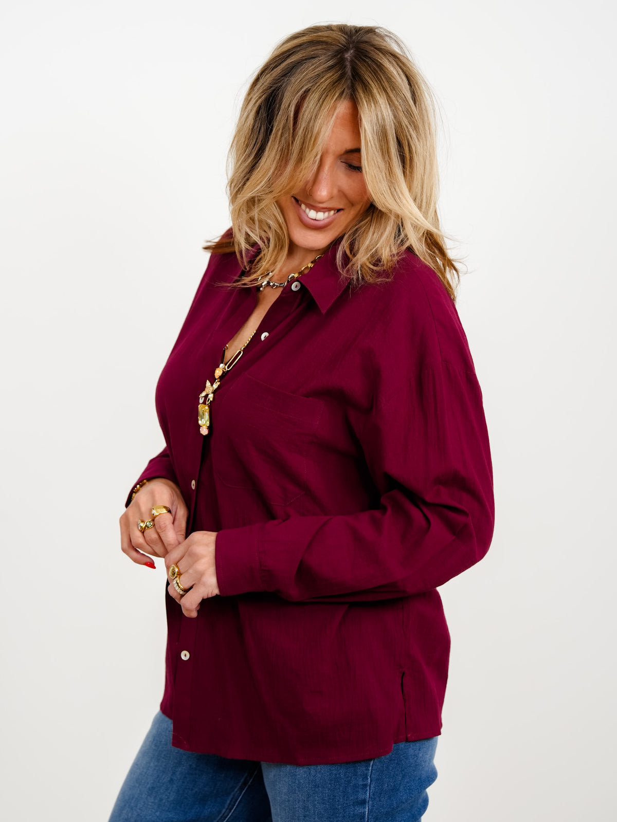 Long Sleeve Button Down Top With Front Pocket - Freckled Poppy