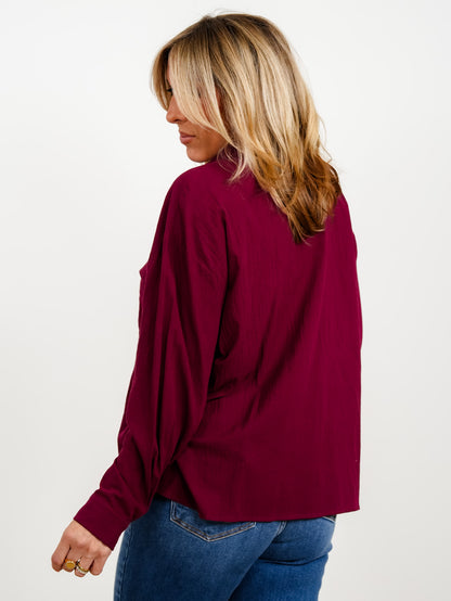 Long Sleeve Button Down Top With Front Pocket - Freckled Poppy
