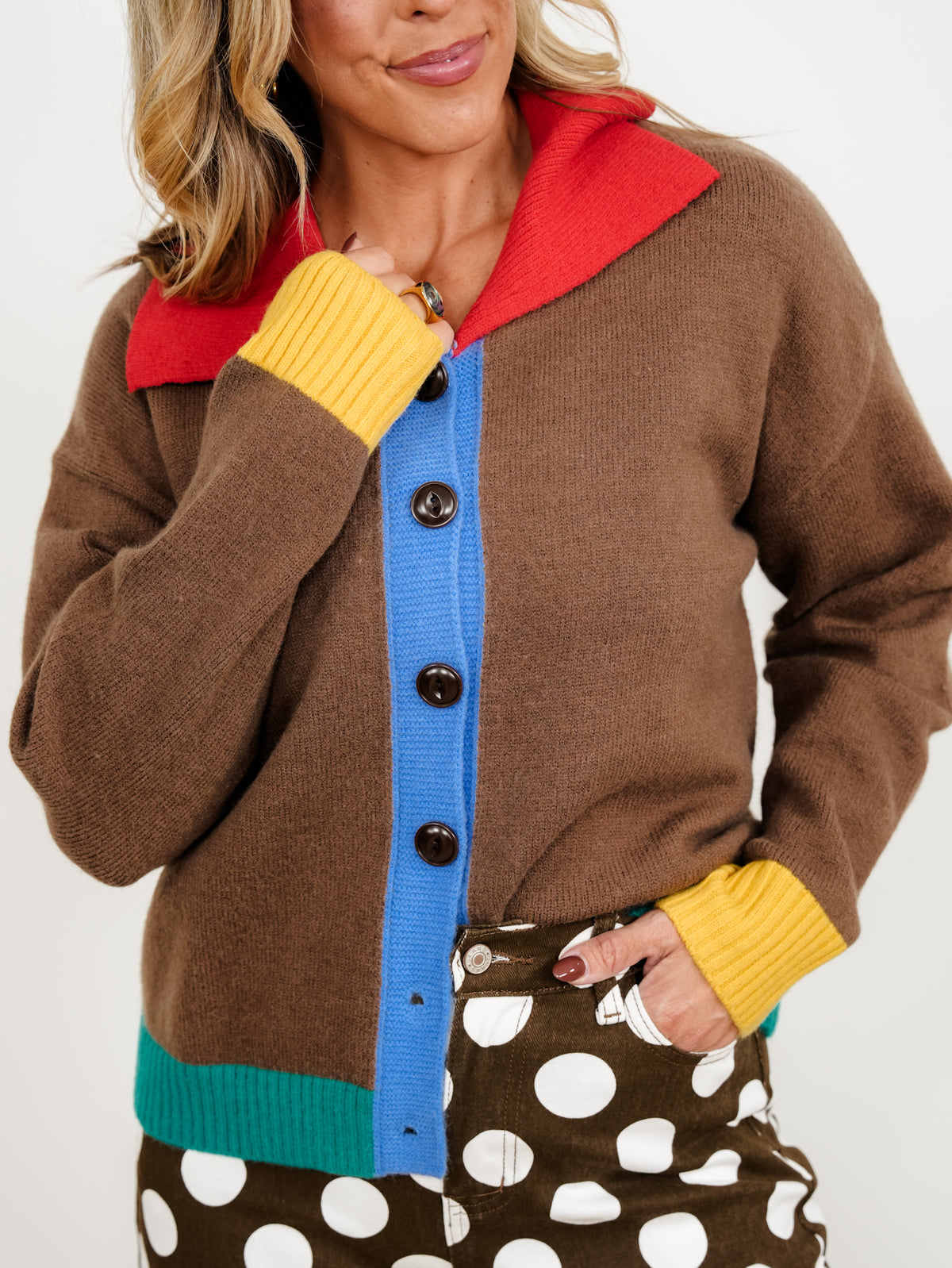 Color Block Long Sleeve Collared Button Down Cardigan - Freckled Poppy
