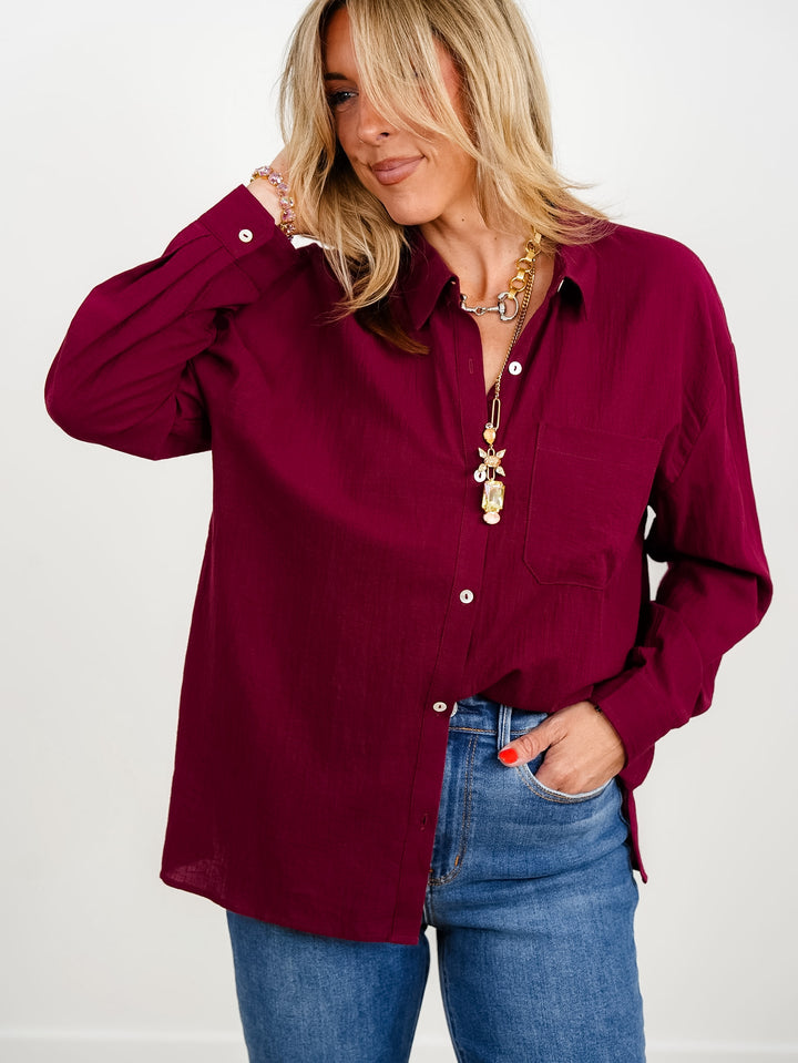 Long Sleeve Button Down Top With Front Pocket - Freckled Poppy
