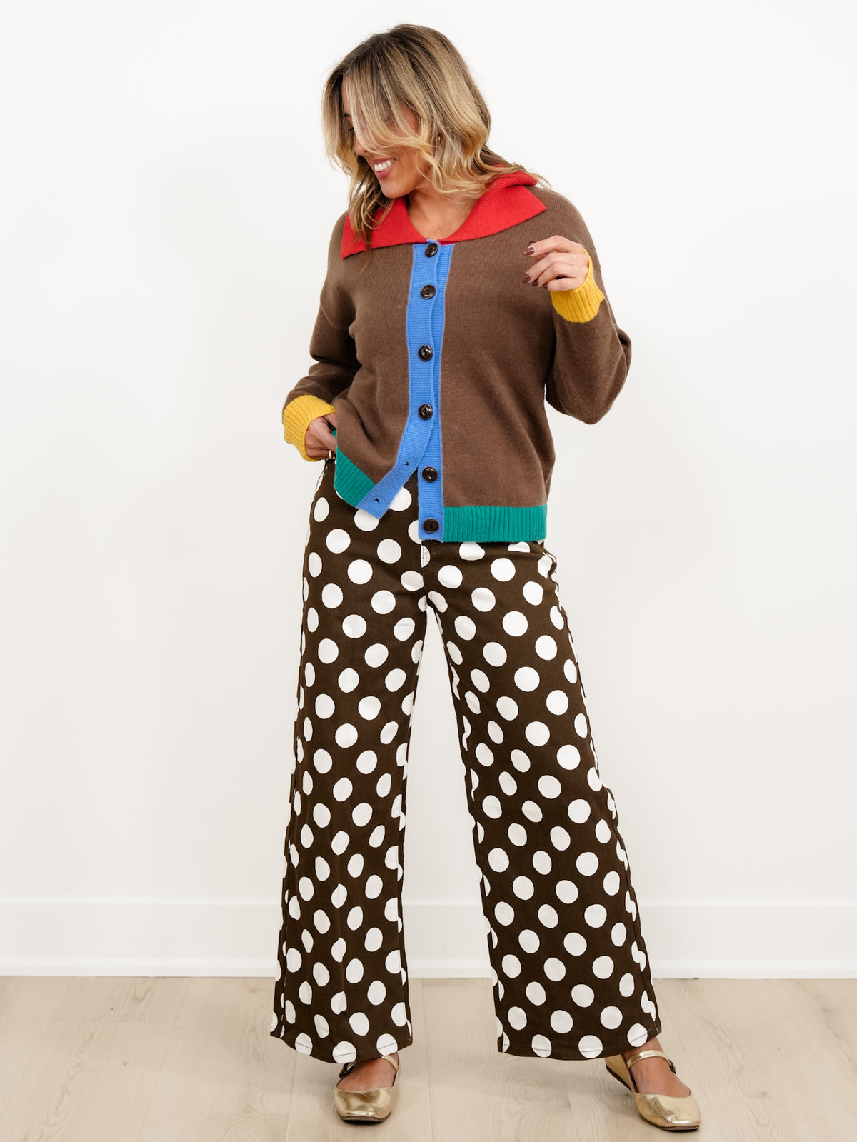 Plus/Reg Polka Dot High Waist Wide Leg Pants - Freckled Poppy