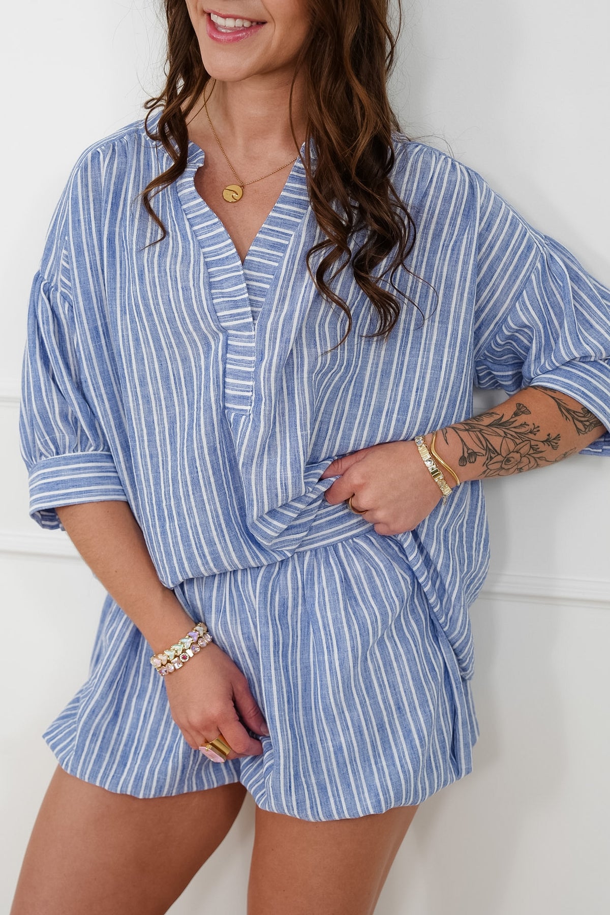 Plus/Reg Stripe Short Sleeve Top and Bubble Hem Shorts Set - Freckled Poppy