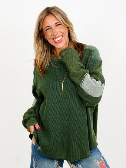 Waffle Knit Long Sleeve Top with Side Pockets - Freckled Poppy