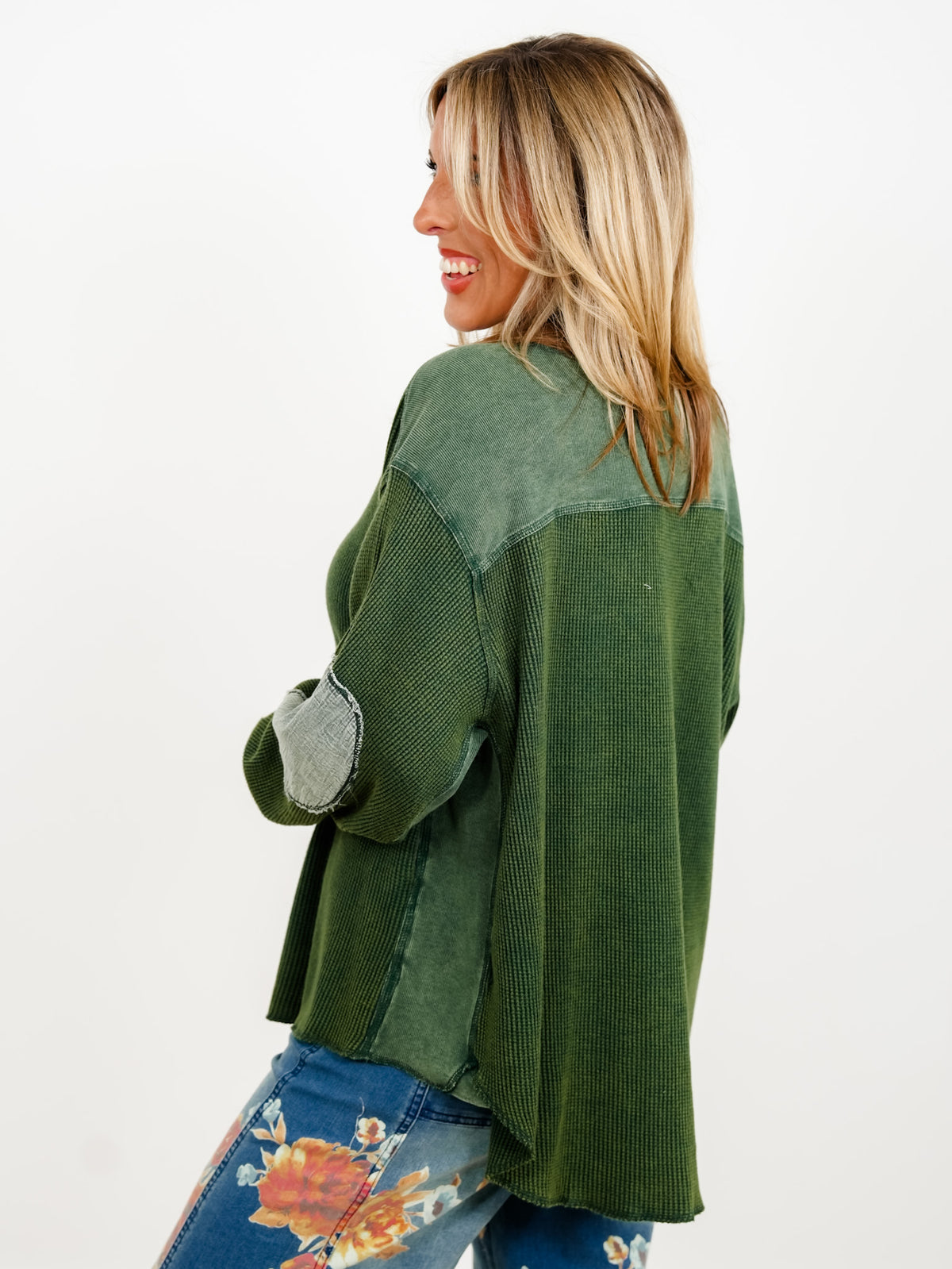 Waffle Knit Long Sleeve Top with Side Pockets - Freckled Poppy