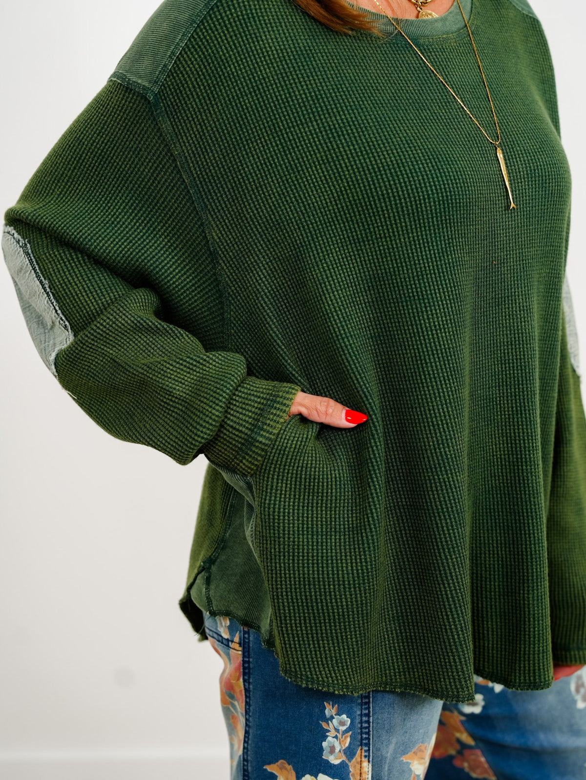 Waffle Knit Long Sleeve Top with Side Pockets - Freckled Poppy
