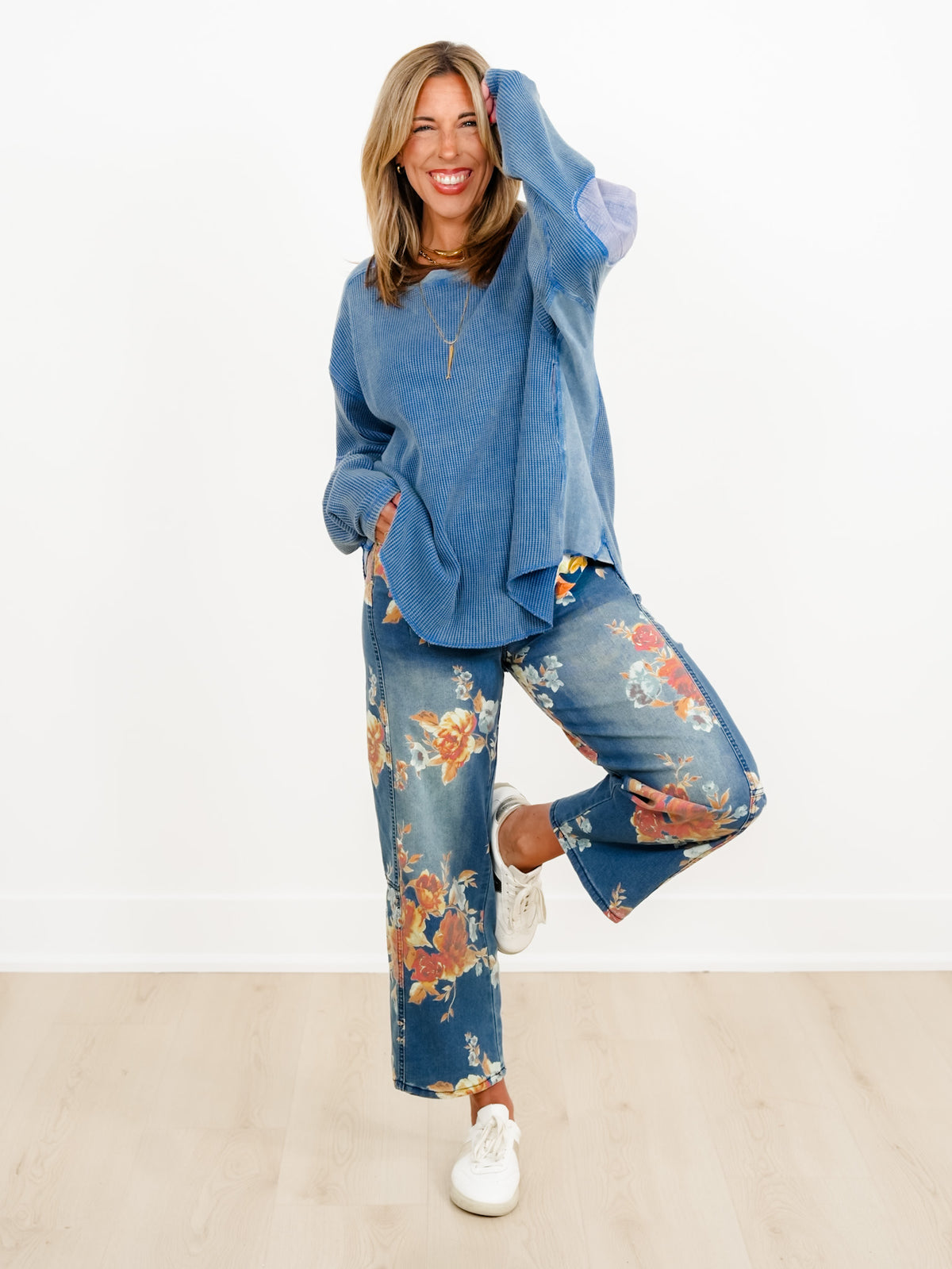 Waffle Knit Long Sleeve Top with Side Pockets - Freckled Poppy