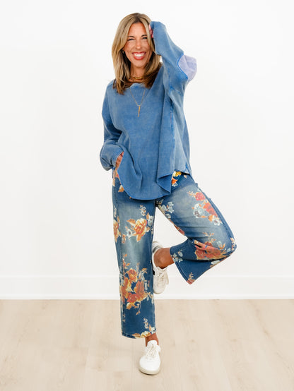 Waffle Knit Long Sleeve Top with Side Pockets - Freckled Poppy