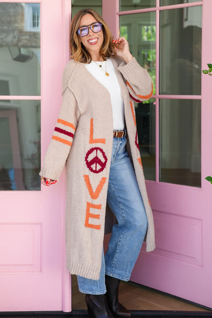 POL Love Letter Print Long Sleeve Open Cardigan Sweater - Freckled Poppy