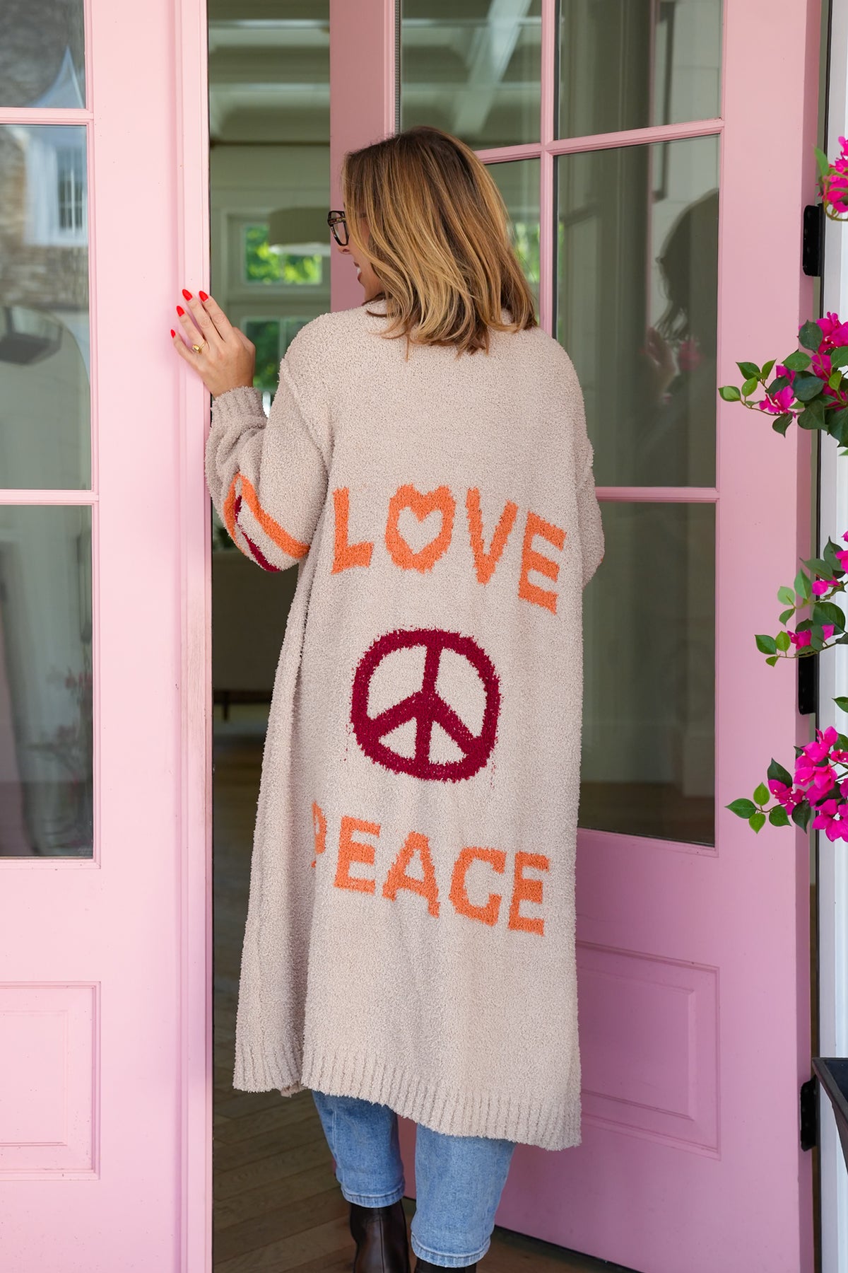 POL Love Letter Print Long Sleeve Open Cardigan Sweater - Freckled Poppy