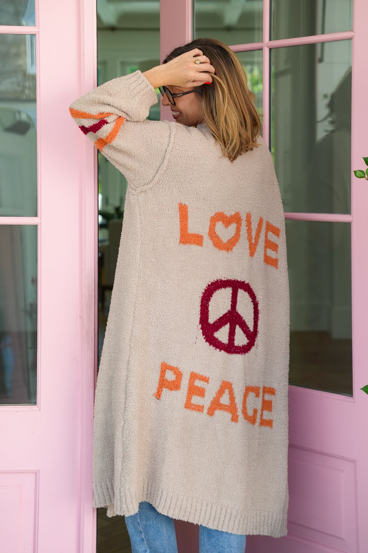POL Love Letter Print Long Sleeve Open Cardigan Sweater - Freckled Poppy
