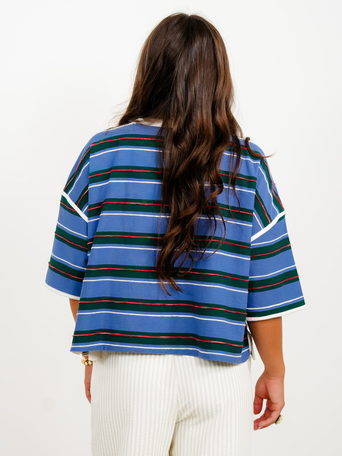 Plus/Reg Stripe Short Sleeve Round Neck Drop Shoulder Top - Freckled Poppy