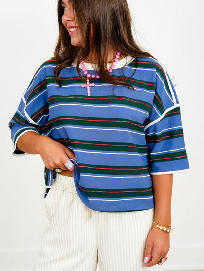 Plus/Reg Stripe Short Sleeve Round Neck Drop Shoulder Top - Freckled Poppy