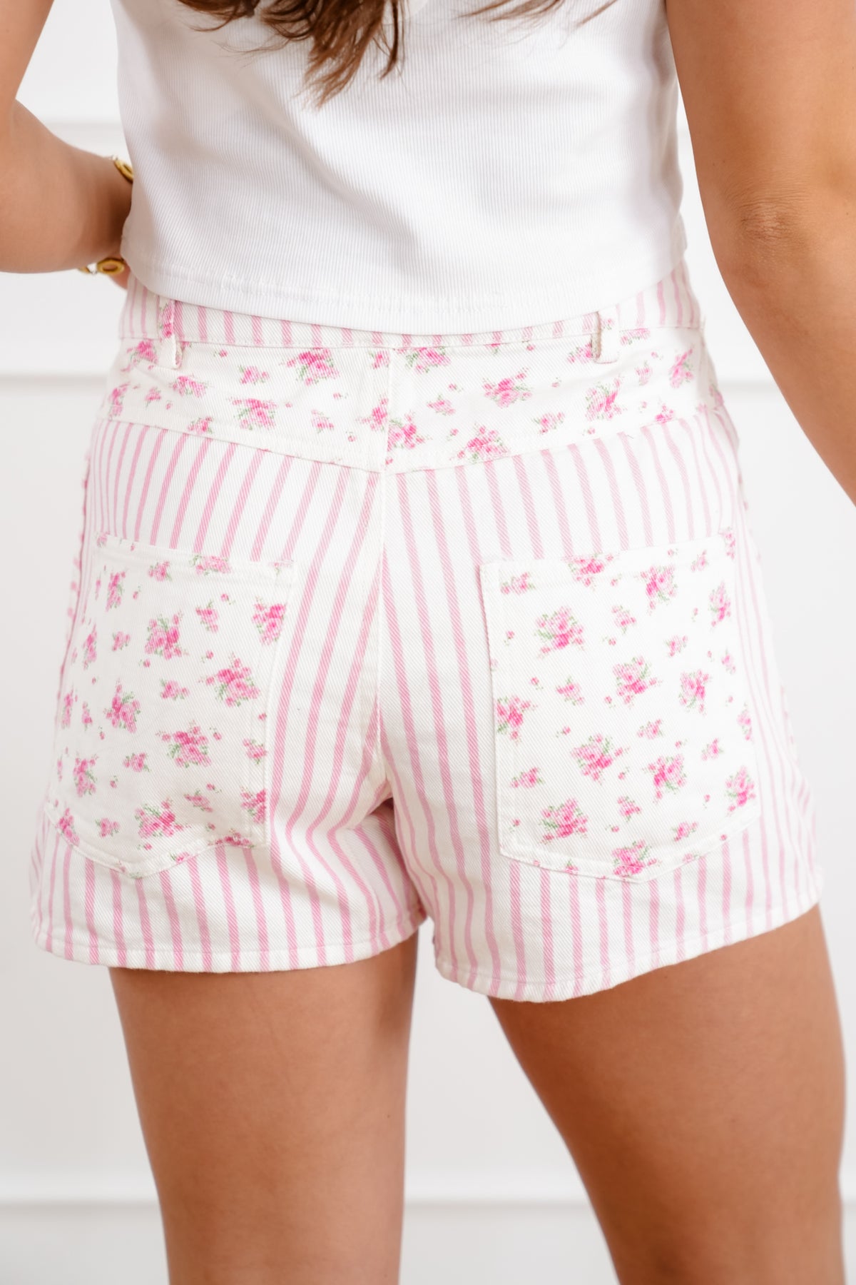 Stripe and Floral Shorts with Drawstring Waist - Freckled Poppy