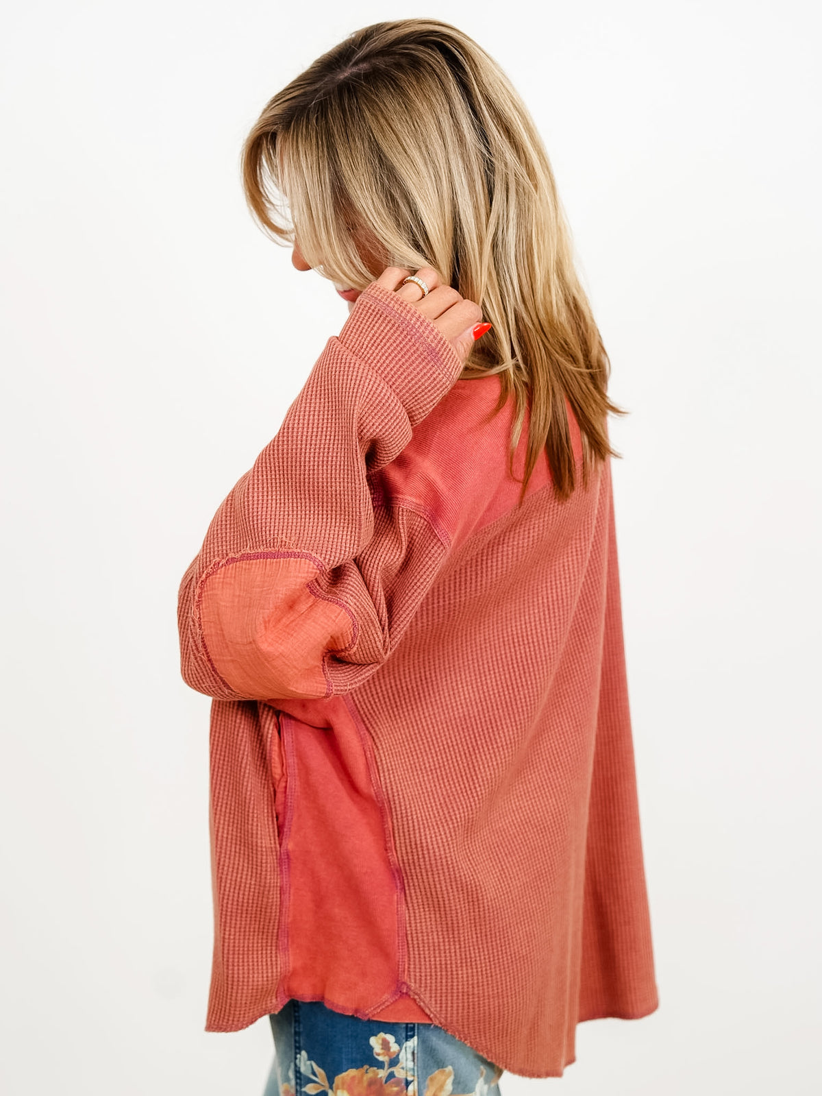 Waffle Knit Long Sleeve Top with Side Pockets - Freckled Poppy