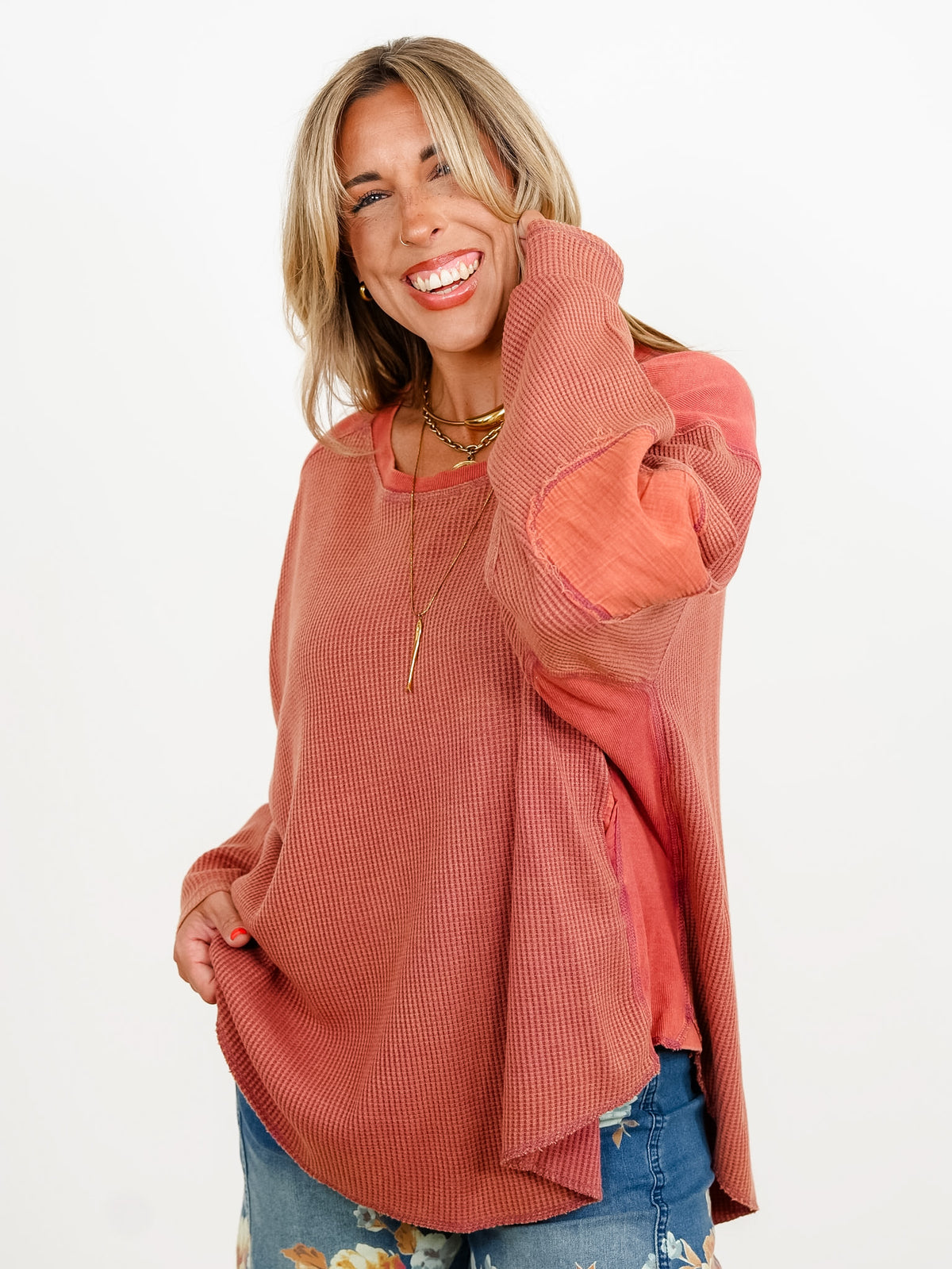 Waffle Knit Long Sleeve Top with Side Pockets - Freckled Poppy