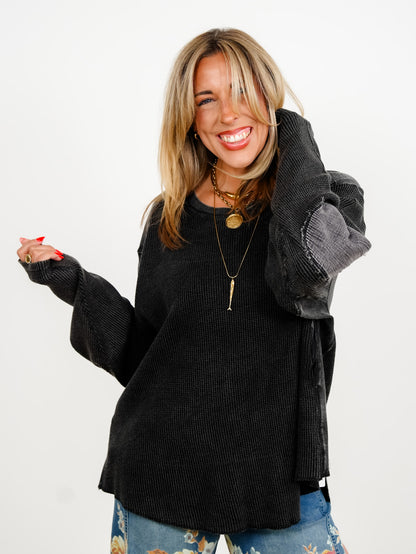 Waffle Knit Long Sleeve Top with Side Pockets - Freckled Poppy