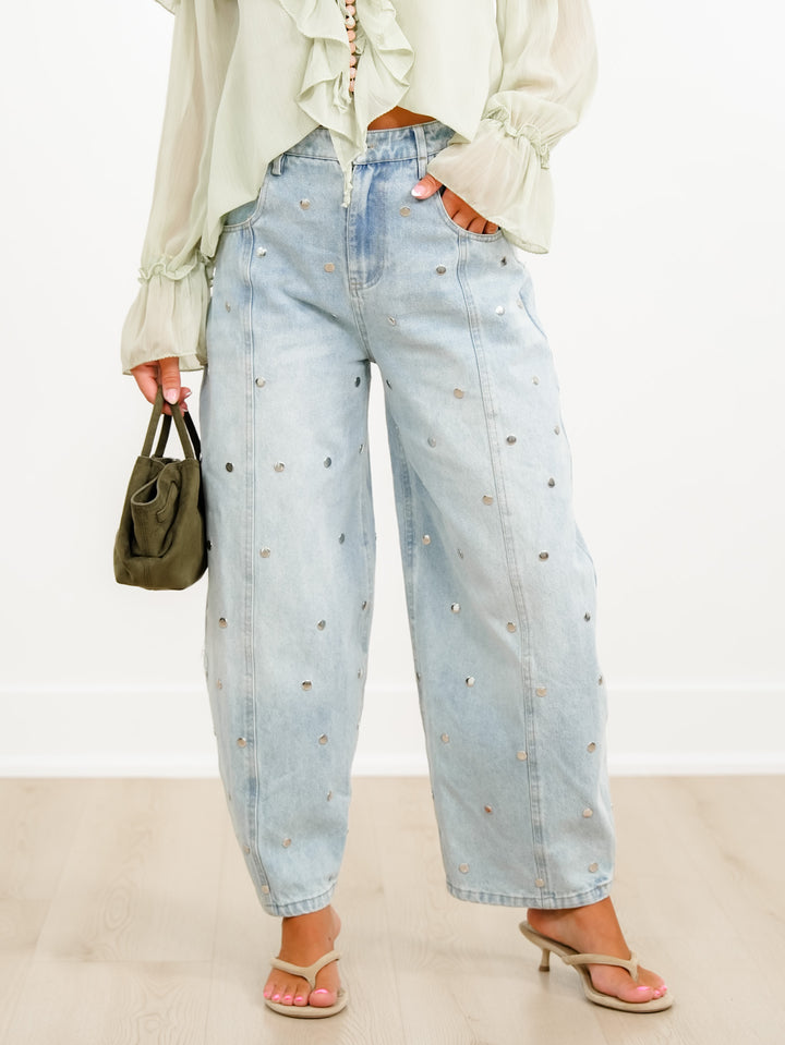Light Wash Barrel Jeans with Studded Detail - Freckled Poppy