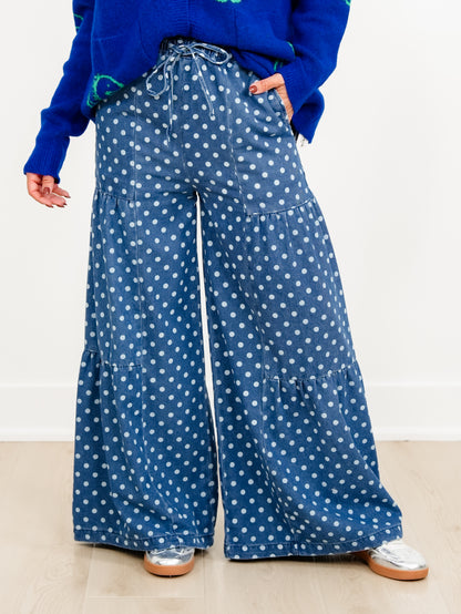 Plus/Reg Polka Dot Elastic Waist Tiered Pants - Freckled Poppy