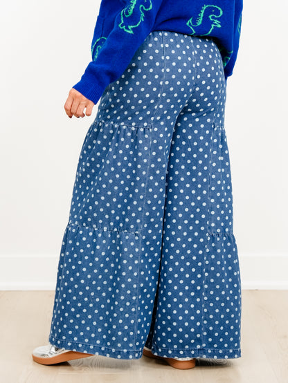 Plus/Reg Polka Dot Elastic Waist Tiered Pants - Freckled Poppy