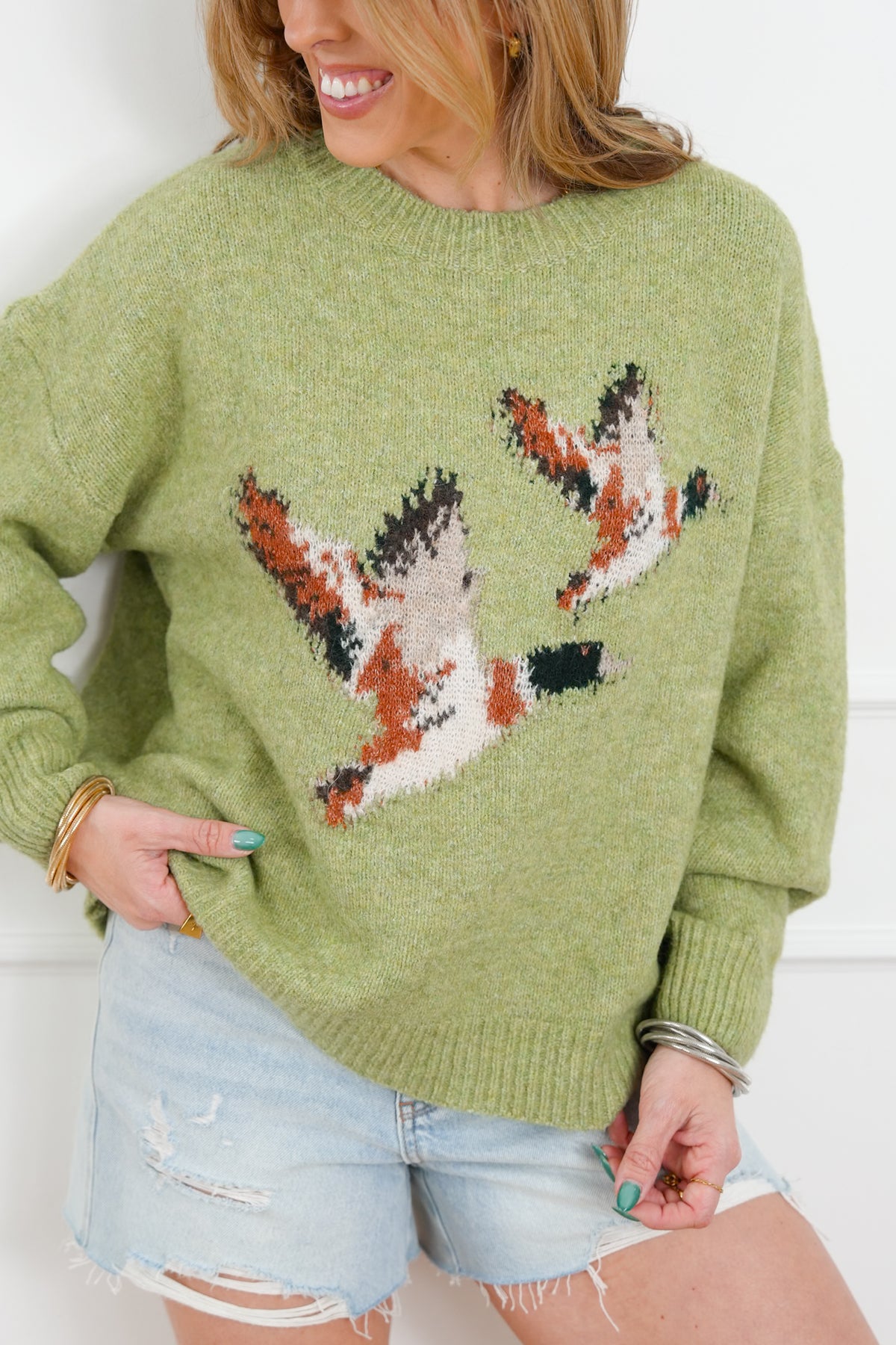 Knit Long Sleeve Flying Duck Pullover Sweater - Freckled Poppy