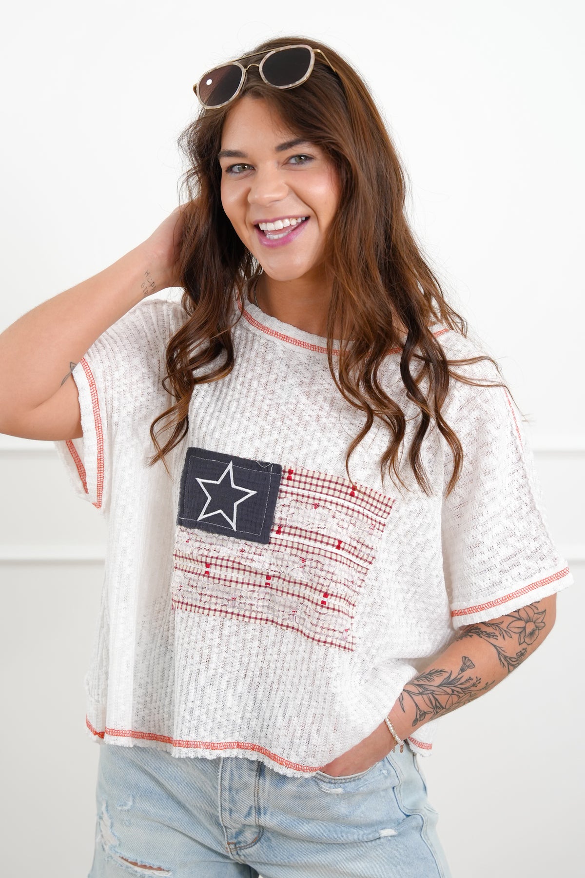 POL American Flag Patchwork Short Sleeve Top with Open Back Design - Freckled Poppy