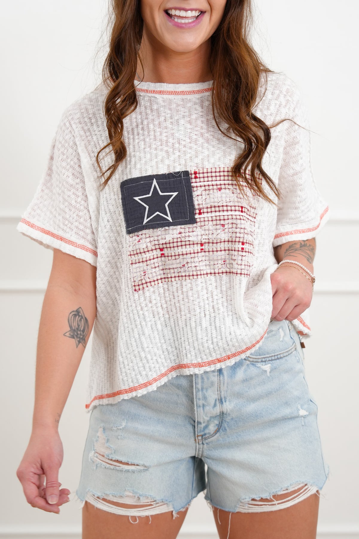 POL American Flag Patchwork Short Sleeve Top with Open Back Design - Freckled Poppy