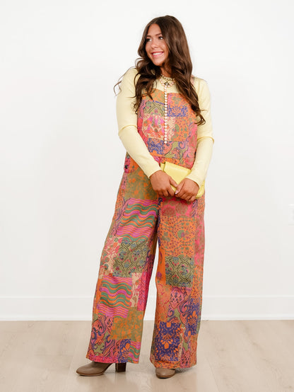 Patchwork Print Bib Overalls with Side Pockets - Freckled Poppy