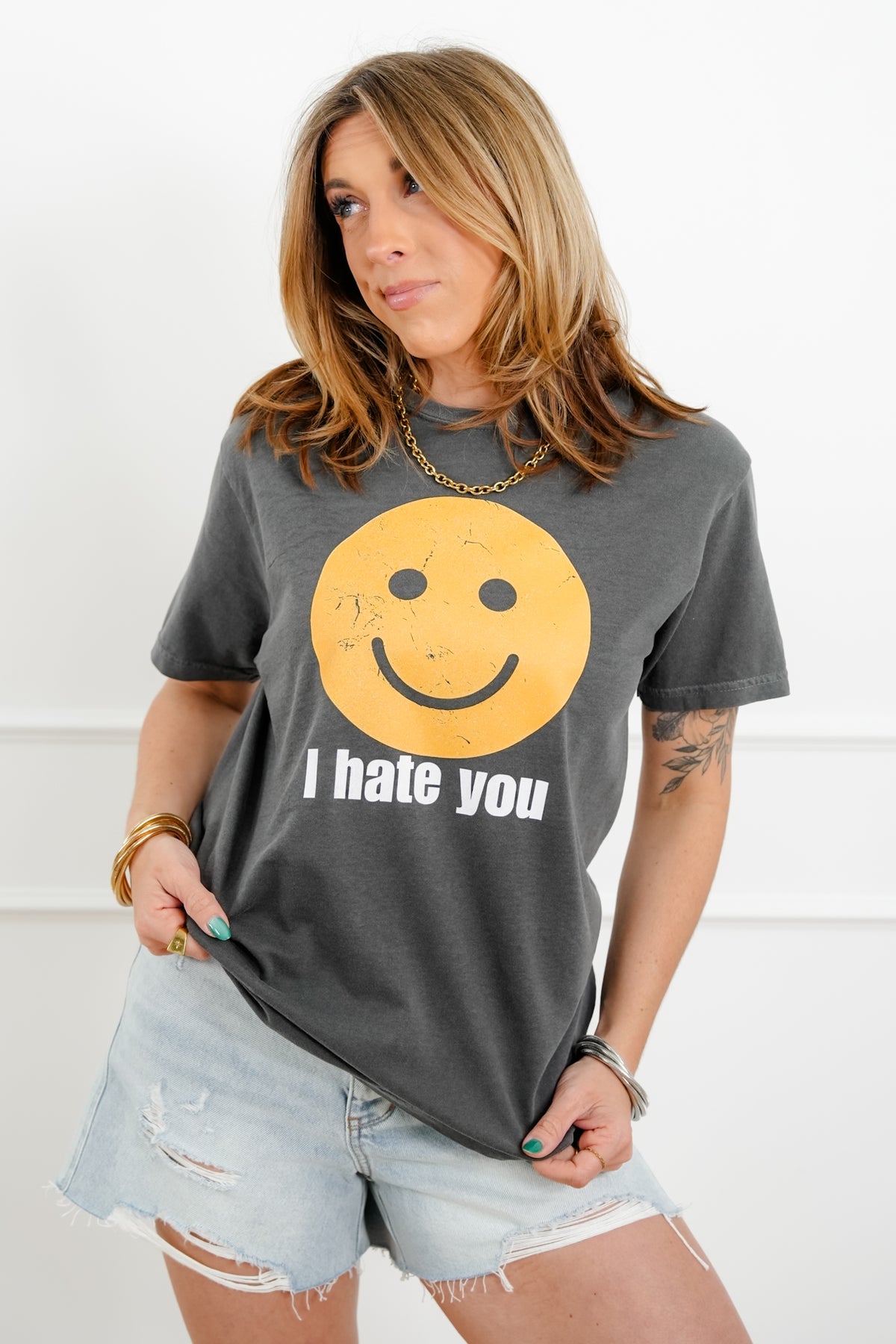 Plus/Reg Short Sleeve "I Hate You, Smiley" Graphic Tee - Freckled Poppy