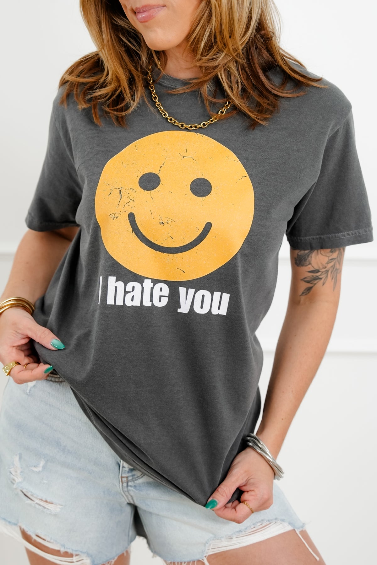 Plus/Reg Short Sleeve "I Hate You, Smiley" Graphic Tee - Freckled Poppy
