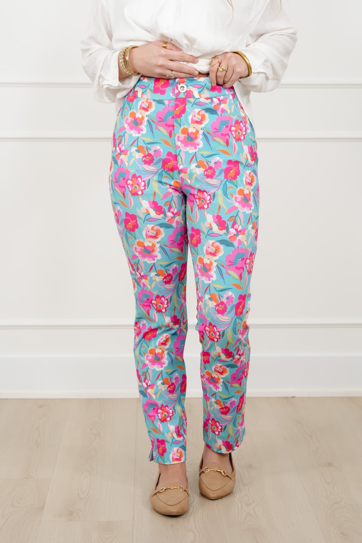 Plus/Reg Mint Floral Print Pants with Side Zipper Pockets - Freckled Poppy