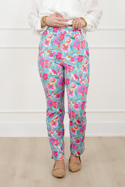 Plus/Reg Mint Floral Print Pants with Side Zipper Pockets - Freckled Poppy