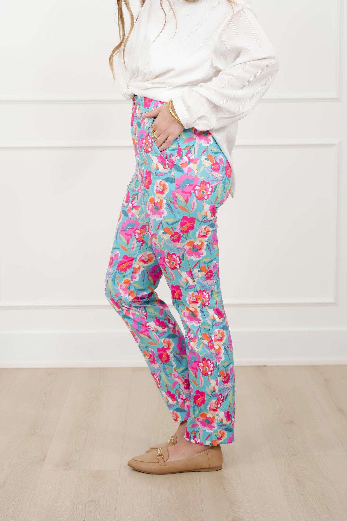 Plus/Reg Mint Floral Print Pants with Side Zipper Pockets - Freckled Poppy