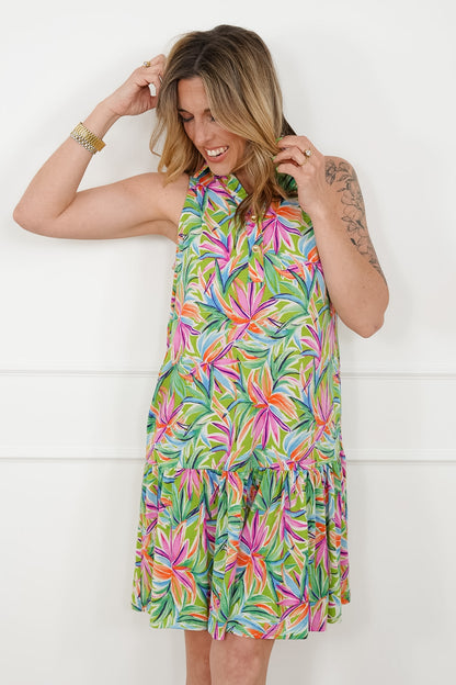 Plus/Reg Tropical Print Sleeveless Button Up Dress - Freckled Poppy