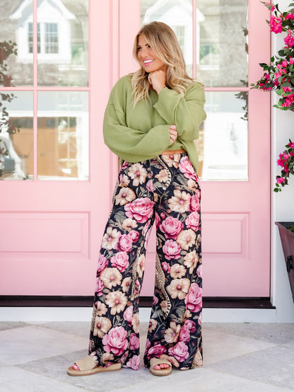 Plus/Reg Floral Cheetah Print Elastic Waist Palazzo Pants - Freckled Poppy