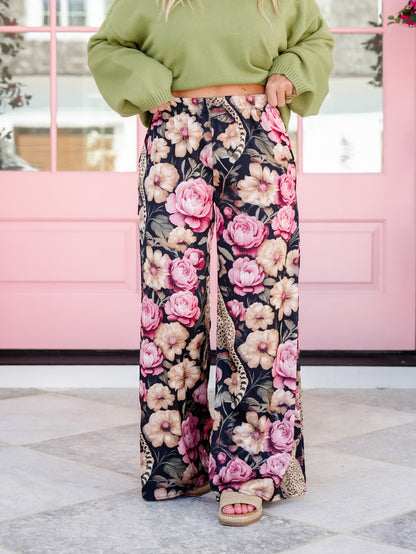 Plus/Reg Floral Cheetah Print Elastic Waist Palazzo Pants - Freckled Poppy