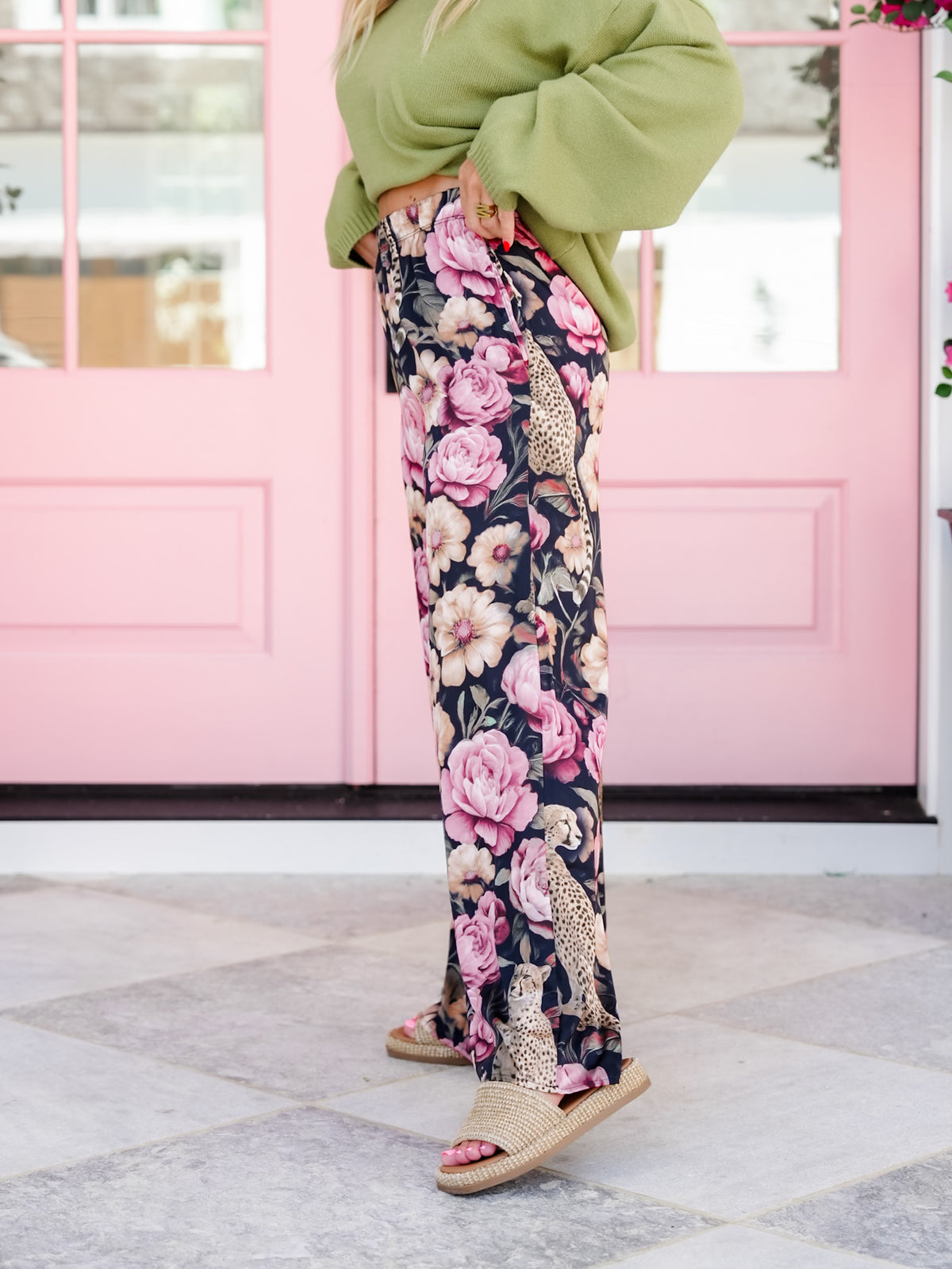 Plus/Reg Floral Cheetah Print Elastic Waist Palazzo Pants - Freckled Poppy