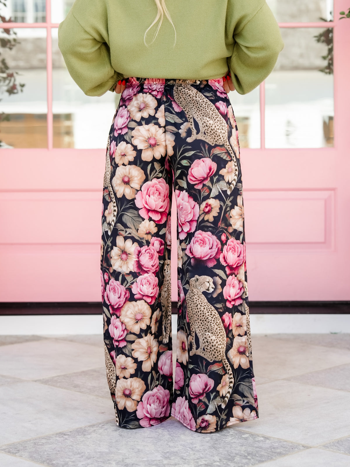 Plus/Reg Floral Cheetah Print Elastic Waist Palazzo Pants - Freckled Poppy