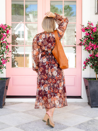 Floral Chiffon Long Sleeve Tiered Midi Dress - Freckled Poppy