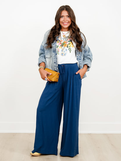 Linen Blend Pleated Elastic Waist Wide Leg Pants - Freckled Poppy