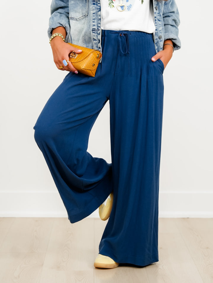 Linen Blend Pleated Elastic Waist Wide Leg Pants - Freckled Poppy