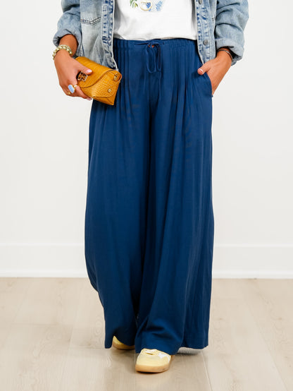 Linen Blend Pleated Elastic Waist Wide Leg Pants - Freckled Poppy