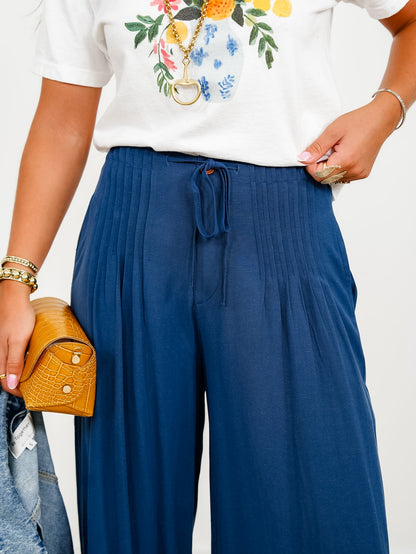 Linen Blend Pleated Elastic Waist Wide Leg Pants - Freckled Poppy